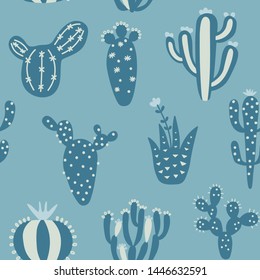 Arizona desert wallpaper with cartoon plants. Exotic seamless pattern with cute cactus. Blue colour hand drawn baby texture. Vector illustration. Tribal print, nursery textiles design.