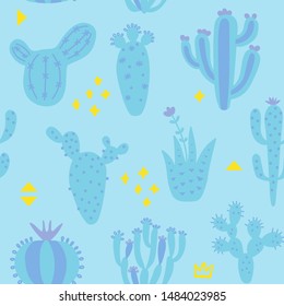 Arizona desert wallpaper with cartoon plants. Seamless pattern with cute cactus and memphis. Blue colour hand drawn baby texture. Vector illustration. Tribal print, nursery design.