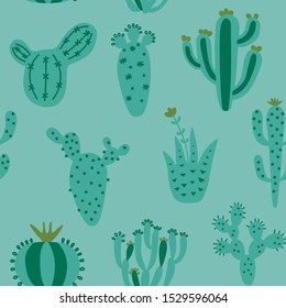 Arizona desert wallpaper with cartoon plants. Exotic seamless pattern with cute cactus. Blue and green colors hand drawn baby texture. Vector illustration. Tribal print, nursery textiles design.