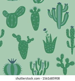 Arizona desert wallpaper with cartoon plants. Exotic seamless pattern with cute cactus. Green colour hand drawn baby texture. Vector illustration. Tribal print, nursery textiles design.