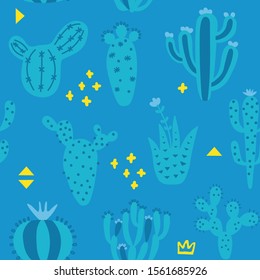 Arizona desert wallpaper with cartoon plants. Seamless pattern with cute cactus and memphis. Blue colour hand drawn baby texture. Vector illustration. Tribal print, nursery design.