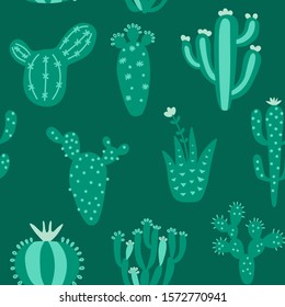 Arizona desert wallpaper with cartoon plants. Exotic seamless pattern with cute cactus. Green colour hand drawn baby texture. Vector illustration. Tribal print, nursery textiles design.