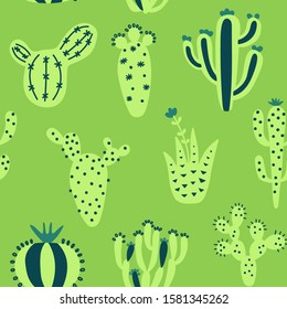 Arizona desert wallpaper with cartoon plants. Exotic seamless pattern with cute cactus. Green colour hand drawn baby texture. Vector illustration. Tribal print, nursery textiles design.