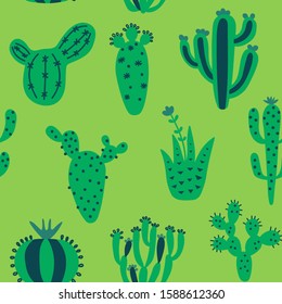 Arizona desert wallpaper with cartoon plants. Exotic seamless pattern with cute cactus. Green colour hand drawn baby texture. Vector illustration. Tribal print, nursery textiles design.