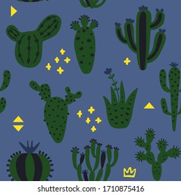 Arizona desert wallpaper with cartoon plants. Seamless pattern with cute cactus and memphis. Blue and green color hand drawn baby texture. Vector illustration. Tribal print, nursery design.