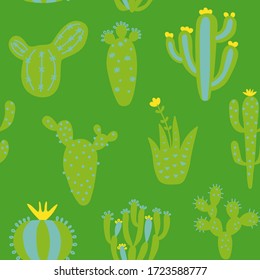 Arizona desert wallpaper with cartoon plants. Exotic seamless pattern with cute cactus. Green colour hand drawn baby texture. Vector illustration. Tribal print, nursery textiles design.