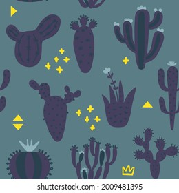 Arizona desert wallpaper with cartoon plants. Seamless pattern with cute cactus and memphis. Grey colour hand drawn baby texture. Vector illustration. Tribal print, nursery design.