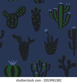 Arizona desert wallpaper with cartoon plants. Exotic seamless pattern with cute cactus. Green colour hand drawn baby texture. Vector illustration. Tribal print, nursery textiles design.