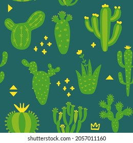 Arizona desert wallpaper with cartoon plants. Seamless pattern with cute cactus and memphis. Green colour hand drawn baby texture. Vector illustration. Tribal print, nursery design.