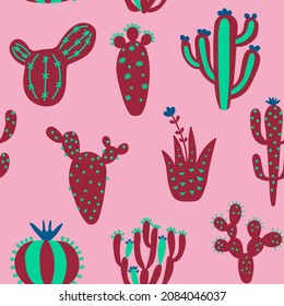 Arizona desert wallpaper with cartoon plants. Exotic seamless pattern with cute cactus. Pink colour hand drawn baby texture. Vector illustration. Tribal print, nursery textiles design.