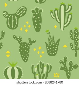 Arizona desert wallpaper with cartoon plants. Seamless pattern with cute cactus and memphis. Green colour hand drawn baby texture. Vector illustration. Tribal print, nursery design.