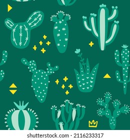 Arizona desert wallpaper with cartoon plants. Seamless pattern with cute cactus and memphis. Green colour hand drawn baby texture. Vector illustration. Tribal print, nursery design.