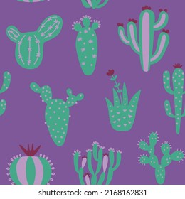 Arizona desert wallpaper with cartoon plants. Exotic seamless pattern with cute cactus. Purple color hand drawn baby texture. Vector illustration. Tribal print, nursery textiles design.