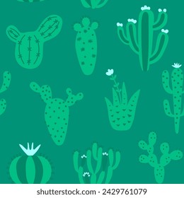 Fondo de pantalla del desierto de Arizona con plantas de dibujos animados. Patrón exótico sin costuras con cactus lindo. Textura de bebé dibujada a mano de color verde. Ilustración vectorial. Impresión tribal, diseño de textiles de vivero.