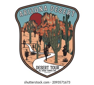 Arizona Desert Watercolor Painting Design For Apparel, T Shirt, Sticker, Poster, Wallpaper And Others. Desert Mountain Road Trip Artwork .