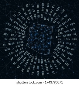 Arizona digital map. Binary rays radiating around glowing us state. Internet connections and data exchange design. Vector illutration.