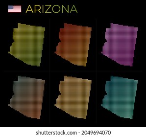 Conjunto de mapas punteados de Arizona. Mapa de Arizona en estilo punteado. Las fronteras del estado de ee.uu. están llenas de hermosos círculos de gradientes lisos. Increíble ilustración vectorial.