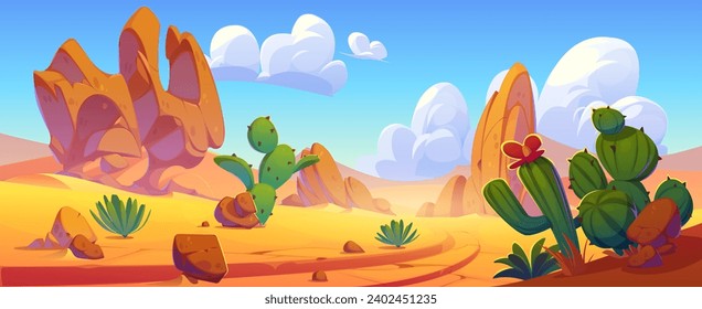 Arizona dry desert landscape with red rocks, cliff mountains and cactus. Cartoon vector illustration of sandy scenery with canyon and wild cacti and grass, hot sunny day