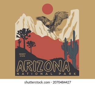 Arizona with eagle vintage graphic print t shirt design. Cactus artwork for  fashion, poster, batch, sticker and others uses. - Shutterstock ID 2070484427