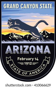 Arizona, emblem of the U.S. state, puma at dawn on a dark background