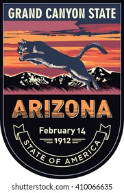 Arizona, emblem of the U.S. state, puma at sunset on a dark background