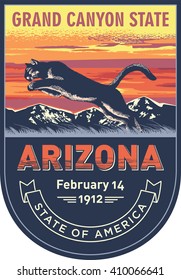 Arizona, emblem of the U.S. state, puma at sunset on a blue background