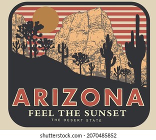 Arizona explore vintage graphic print t shirt design. Cactus and joshua tree and artwork for fashion, poster, batch, sticker and others uses.