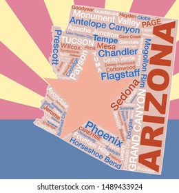Arizona flag backdrop, major city names in tag/word cloud form on Arizona map for banner/poster/advertisement etc