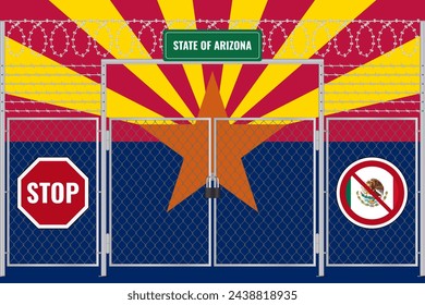 Arizona flag behind barbed wire and a fence with a lock. The problem of illegal migration
