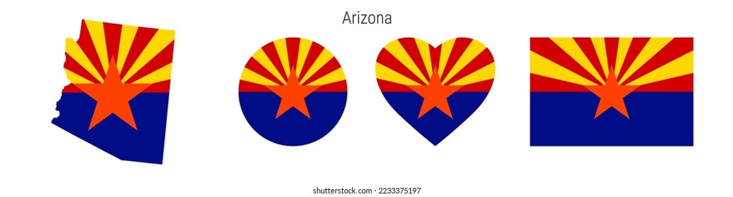Arizona flag icon set. American state pennant in official colors and proportions. Rectangular, map-shaped, circle and heart-shaped. Flat vector illustration isolated on white.
