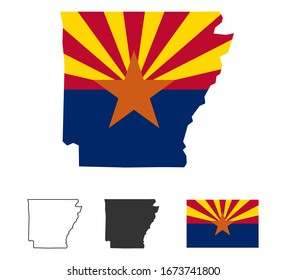 Arizona Flag Map Vector - Set of Arizona State Flag and Blank Map Silhouette and Outline