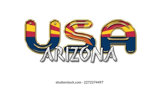 ARIZONA flag (USA) 3d light bulb alphabet with gold frame isolated on white background. gold glossy dripping  font. Vector illustration.