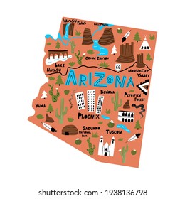 Arizona flat hand drawn vector illustration. American state map isolated on terracotta background. Travel routes, landmarks with city names lettering cartoon cliparts