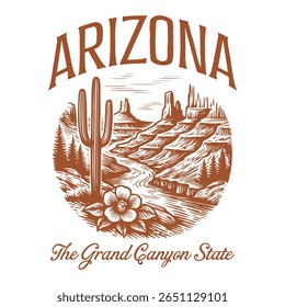 Arizona The Grand Canyon State - US State Vintage T-shirt Vector, USA States Cityscape Landmark Icons, American State Typography Shirt, USA Skyline Clipart, Retro travel city illustration

