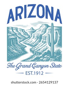 Arizona The Grand Canyon State - Estados Unidos Estado Cityscape T-shirt Vetor, Ícones americanos de referência, Vintage Estados Cityscape Camisa, Retro Travel City Art, Estados Citações de referência, Estado de férias Ilustração