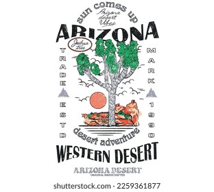 Obra gráfica de Arizona. Diseño retro de aventura del desierto. Árbol de Joshua. Diseño vectorial del desierto occidental.