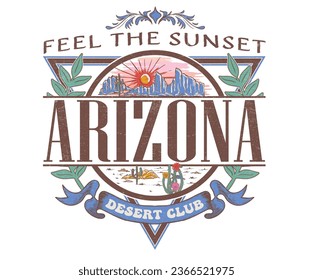 Diseño gráfico de Arizona. Diseño de camisetas de las vibraciones del desierto del amanecer. arte vectorial vintage arizona para prendas de vestir y otros. Obra de arte de aventura en la montaña.