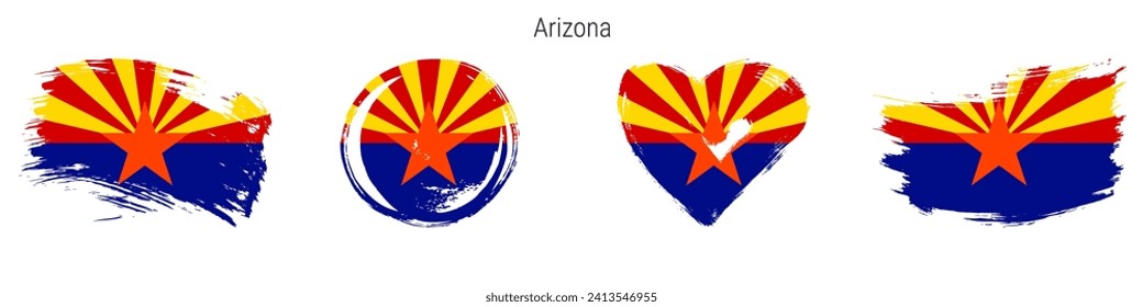 Arizona hand drawn grunge style flag icon set. US state banner in official colors. Free brush stroke shape, circle and heart-shaped. Flat vector illustration isolated on white.