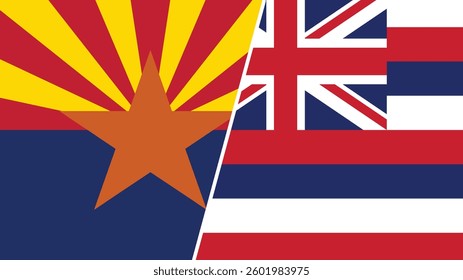 Arizona and Hawaii states grunge brush flags connection, vector