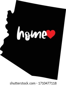 Arizona home state - black state map with Home written in white brush script text with a red heart. Isolated on white background
