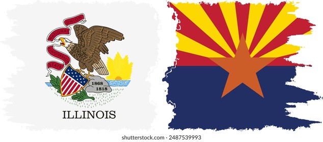 Arizona and Illinois states grunge brush flags connection, vector