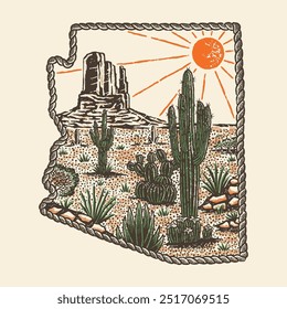 Ilustración de Arizona cactus diseño gráfico del desierto naturaleza insignia cuerda vintage western