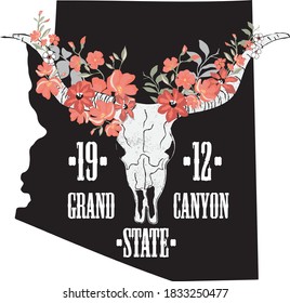 Arizona Illustration and Cow Skull Vector  Buffalo Head and Flowers   Horns and Roses Arizona Map Background  Graphic Pattern for Tshirt / Tee