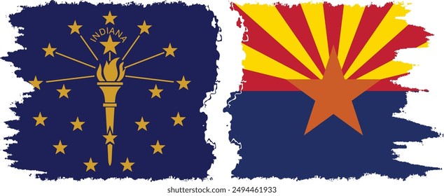 Arizona and Indiana states grunge brush flags connection, vector