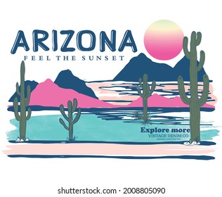 Arizona landscape hand drawing sketch. Desert vibes colorful artwork for t shirt.