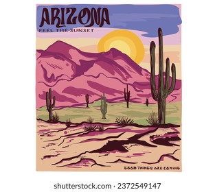 Arizona landscape hand drawing sketch. Desert vibes colorful artwork for t shirt.	