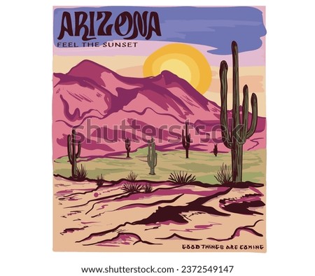 Arizona landscape hand drawing sketch. Desert vibes colorful artwork for t shirt.	