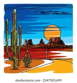 Arizona landscape, mountains, road, cactus, sun. Vector graphics, drawing