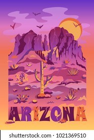 Arizona landscape with mountains, rocks, stones, prairies, clouds and cactuses. Grand Canyon scenery Illustration for T-shirt print, travel poster, advertisement or banners. Vector