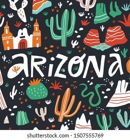 Arizona lettering flat hand drawn vector illustration. USA state nature landmarks, attractions cartoon cliparts on black background with doodle cactuses. American travel postcard, poster concept desig